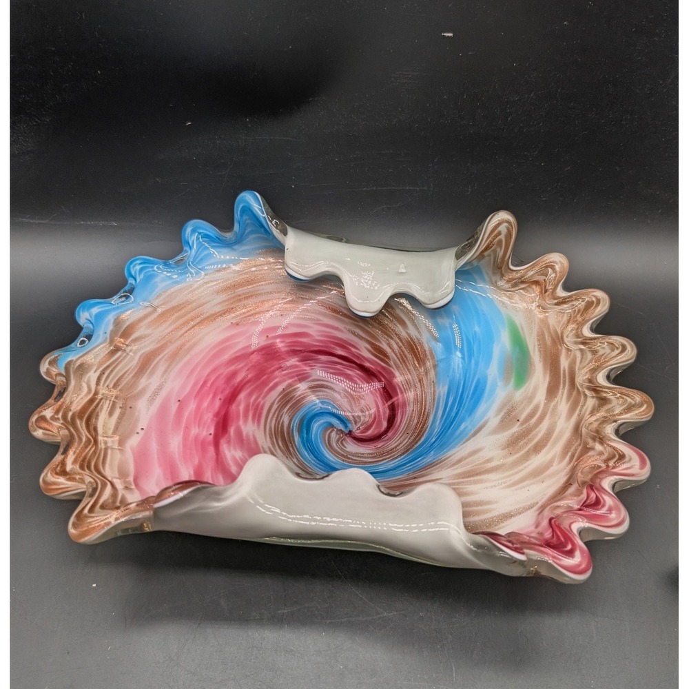 Murano Art Glass Ruffled Bowl‎ Pink Blue Copper Aventurine Swirl Centerpiece 11"